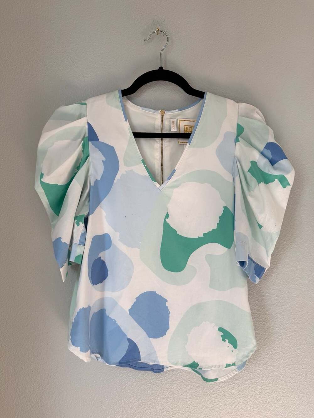 Emily McCarthy Blue Green Abstract Print Puff Sleeve Top Size S
